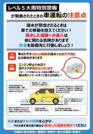 レベル5大雨特別警報が発表されたときの車運転の注意点